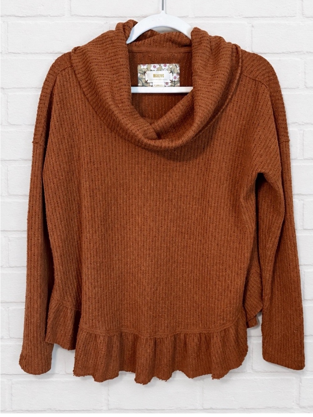 Maeve Anthropologie XS Rust Cowl Neck Ruffle Hem Knit Sweater Boho